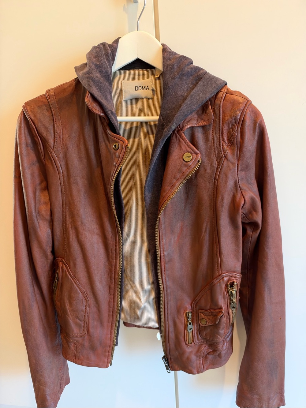 Doma Brown Leather Bomber with Gray Hooded Liner